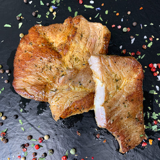 Schweinenackensteaks in BBQ Marinade, gegrillt